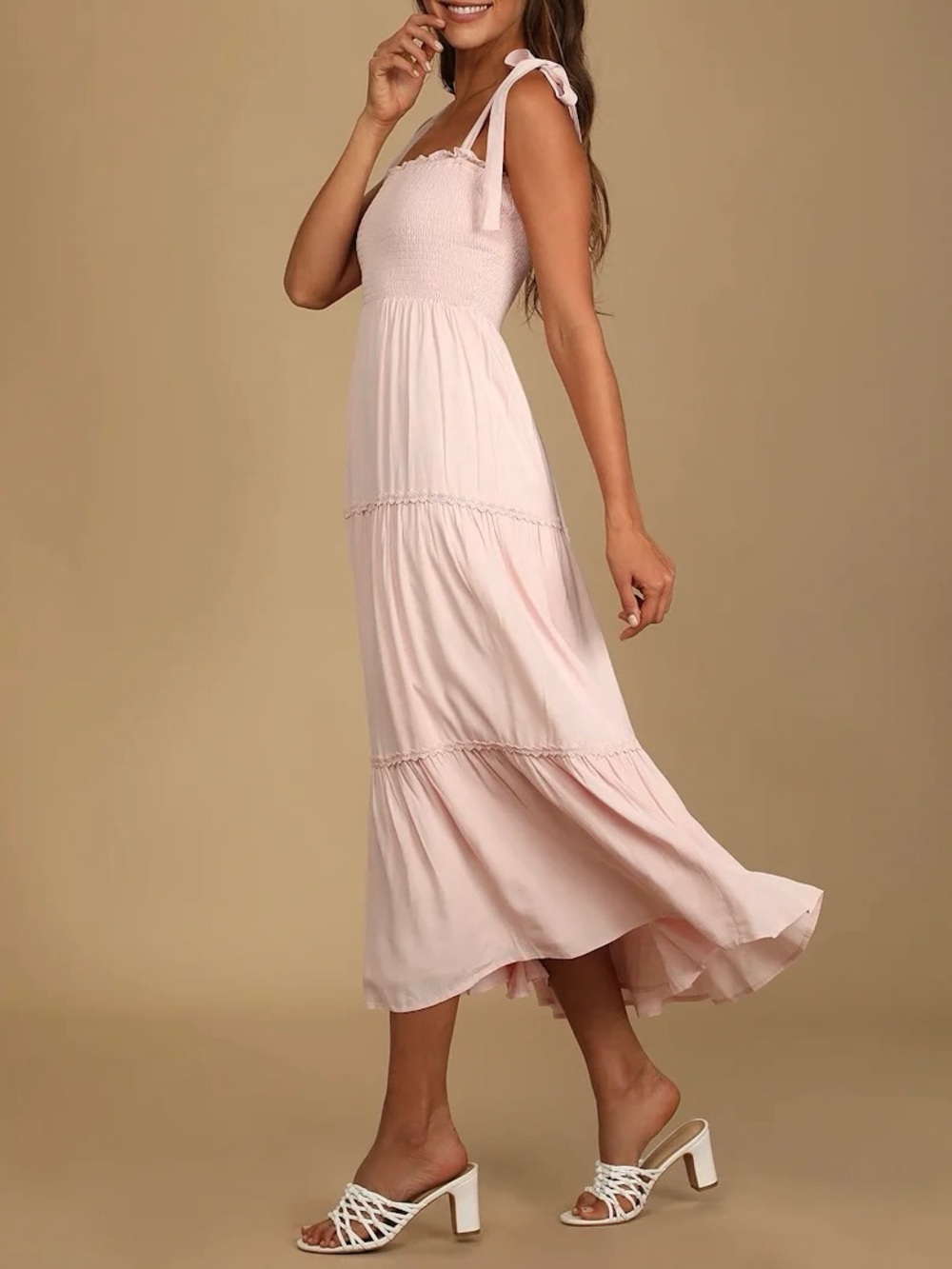 Lulu's Blush Pink Smocked Tie-Shoulder Maxi Dress